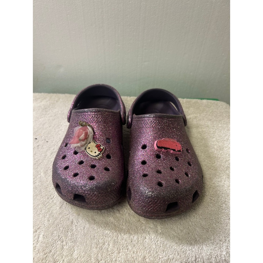 Crocs Classic Glitter Clogs Purple Sparkle Hello Kitty Jibbitz Size J5 Womens 7